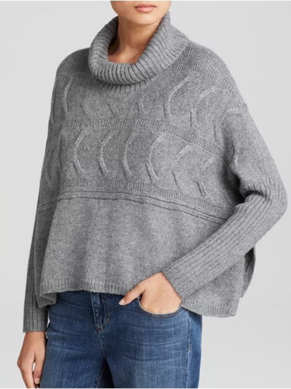 Eileen Fisher Cable Knit Turtleneck Sweater Gray Alpaca Silk Boxy size Medium